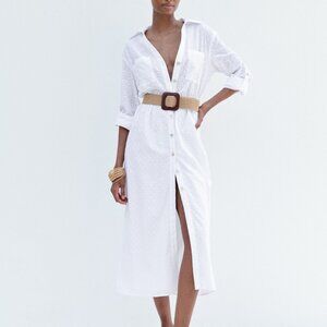 NWT ZARA WHITE EYELET BELTED MIDI SHIRTDRESS 100% COTTON XS